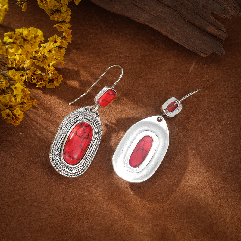 Retro Red Stone Dangle Earrings
